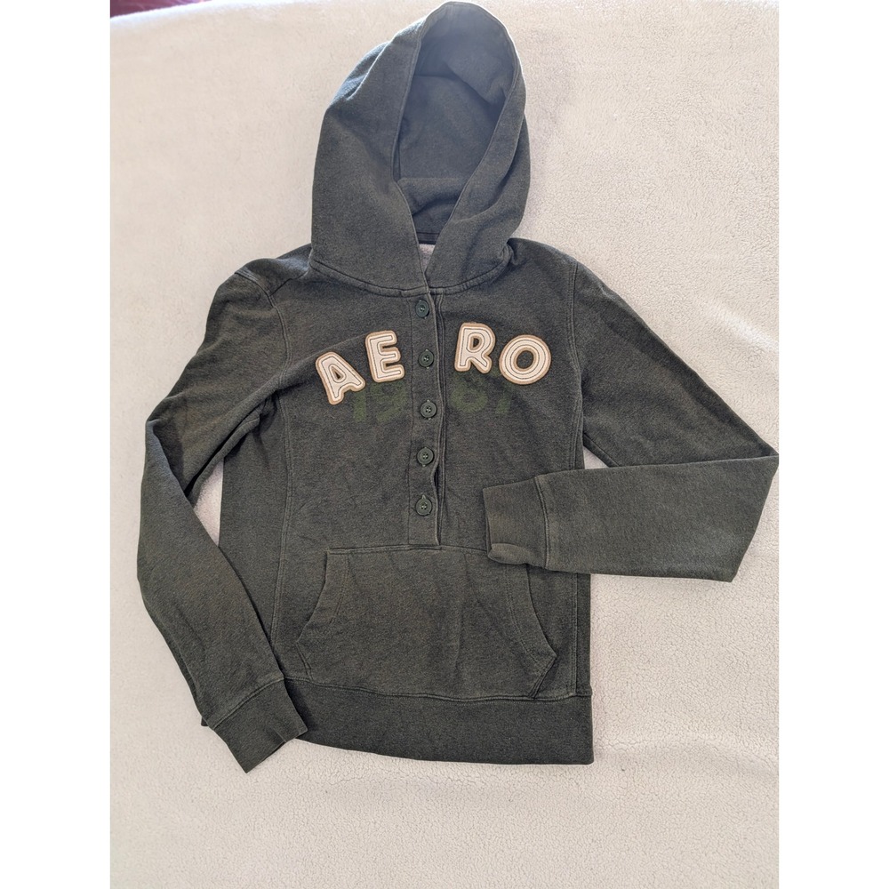 Aeropostale Womens Henley Hoodie Olive Green AERO Graphic Sweatshirt Small